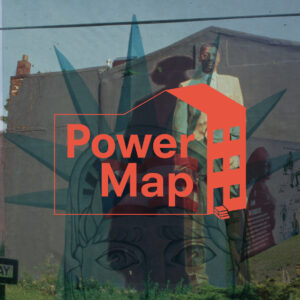 Graphic overlay of "Power Map" on a mural with a Statue of Liberty backdrop.