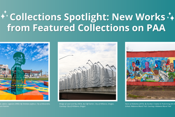 Collections Spotlight: New Works from Featured Collections on PAA placed on top of a blue/green background with three public art images right below.