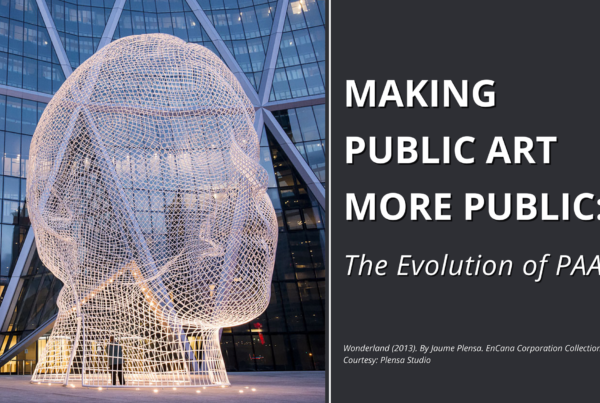 Making Public Art More Public: The Evolution of PAA in white placed to the left of the featured image. A huge white sculpture of a head sits to the right.