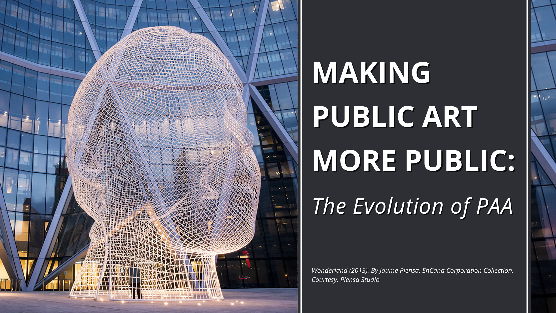 Making Public Art More Public: The Evolution of PAA in white placed to the left of the featured image. A huge white sculpture of a head sits to the right.