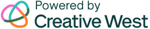 Powered by Creative West on the right and a colorful circular shape on the left.