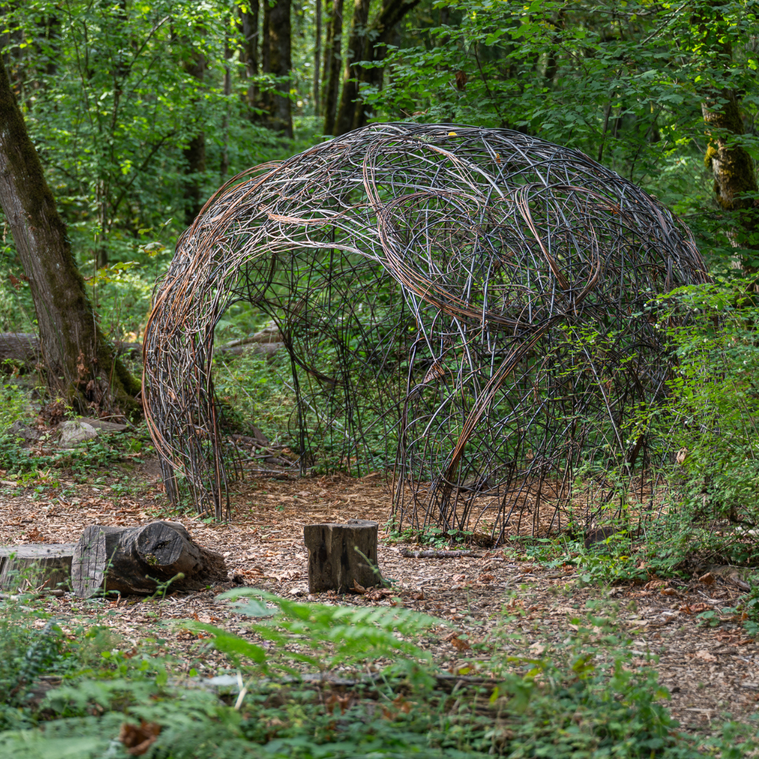 An artwork made of branches sitting outside in the woods.