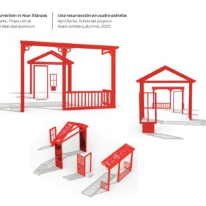 Red metal frames resembling house outlines.