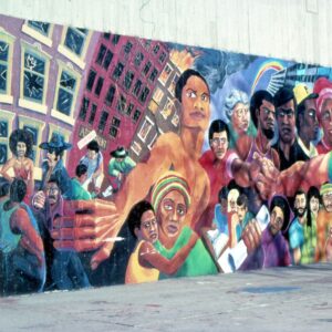 A colorful mural with diverse figures reaching outward and leaning buildings.