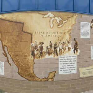 Mural depicting a map of North America focusing on the southwestern region, with historical figures