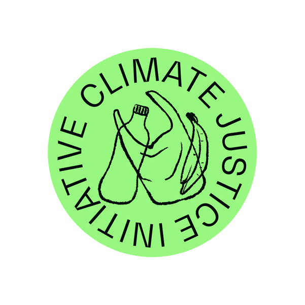 Lime green circle bade with the text Climate Justice Initiative aligning the diameter of the circle. Illustration of milk carton, plastic trash bag and banana peel in the middle.