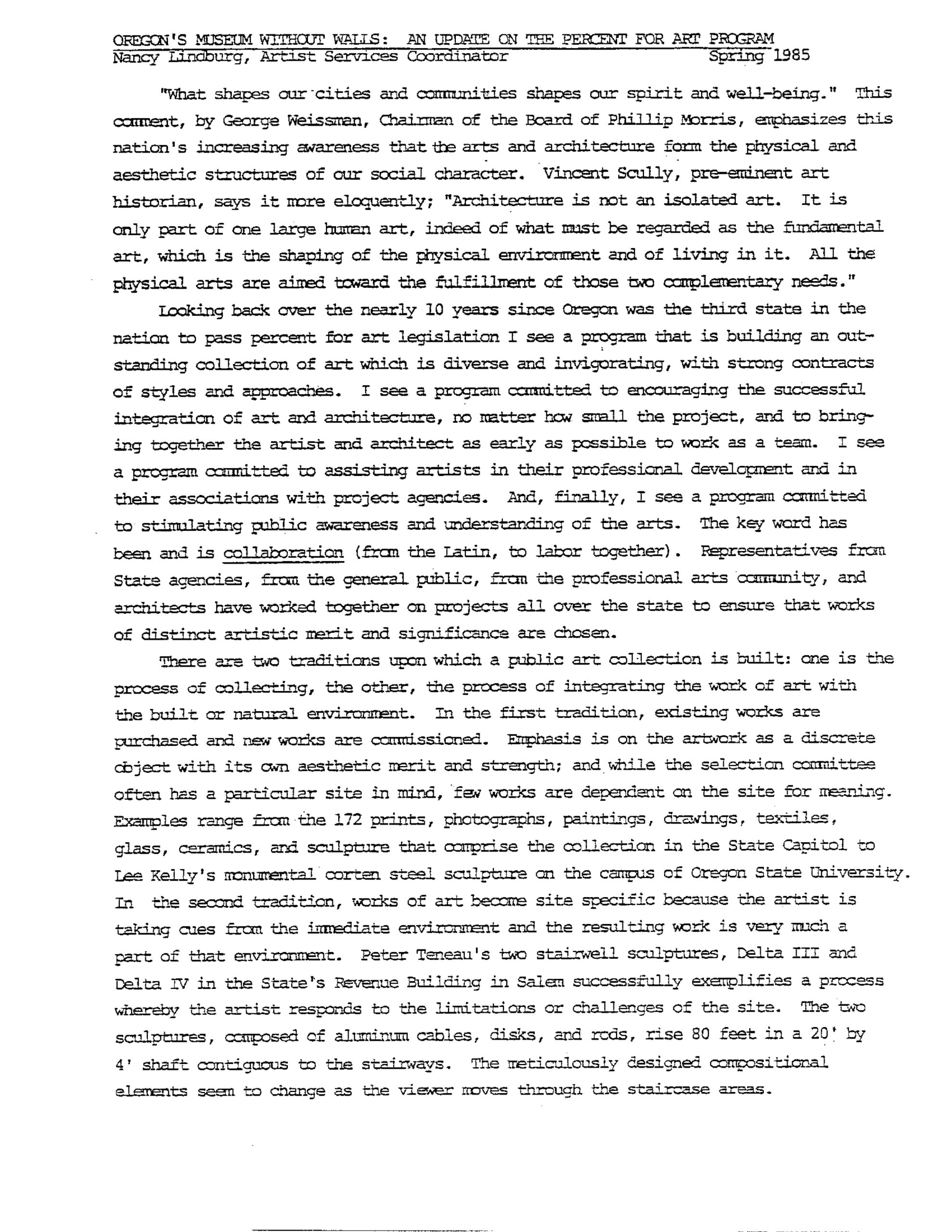 <h3>Spring 1985, Page 1-2, Essay by Nancy Lindberg “Oregon’s Museum Without Walls”</h3>