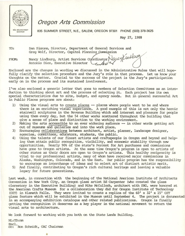 <h3>May 27th, 1988, Letter to the Department of General Services and Capitol Planning Commission explaining changes to administrative rules and keys points for a successful project</h3>