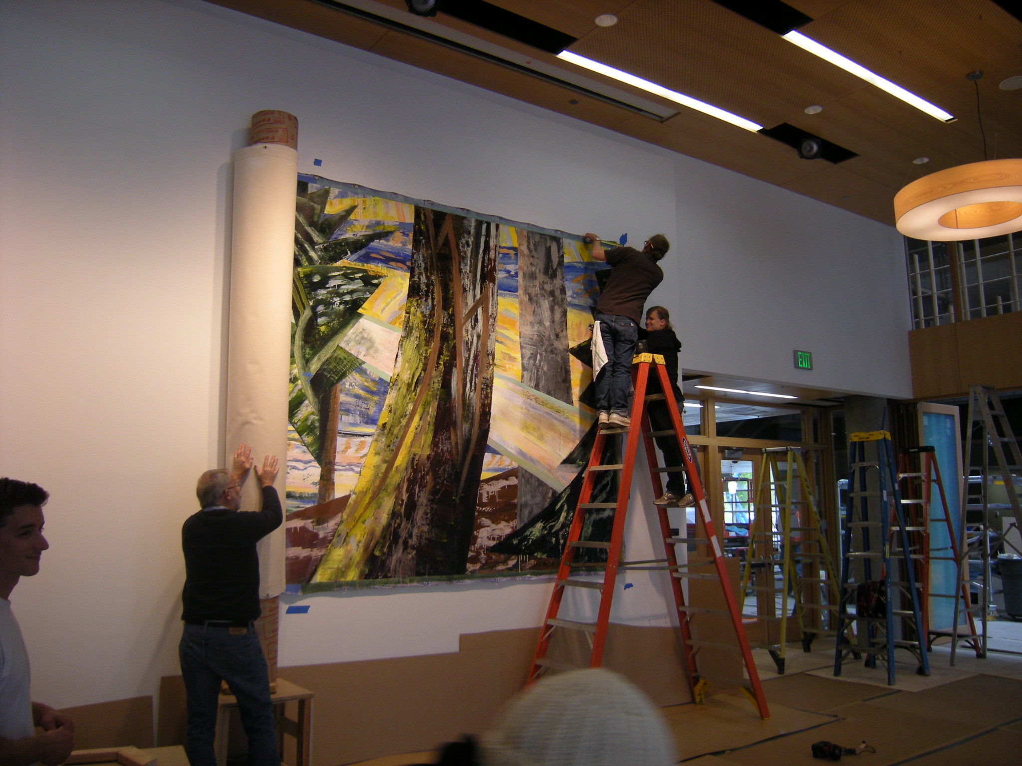 <h3>2011, Installation of the 8ft H x 18ft W monumental painting, A Glade of Many Ages by Lucinda Parker for University of Oregon Ford Alumni Center</h3>