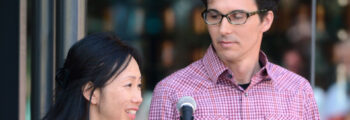 <h3>2014, Annie Han and Daniel Mihalyo collectively known as Lead Pencil Studio giving a speech at the opening of their project OSH Patient Memorial at the Oregon State Hospital, Salem</h3>