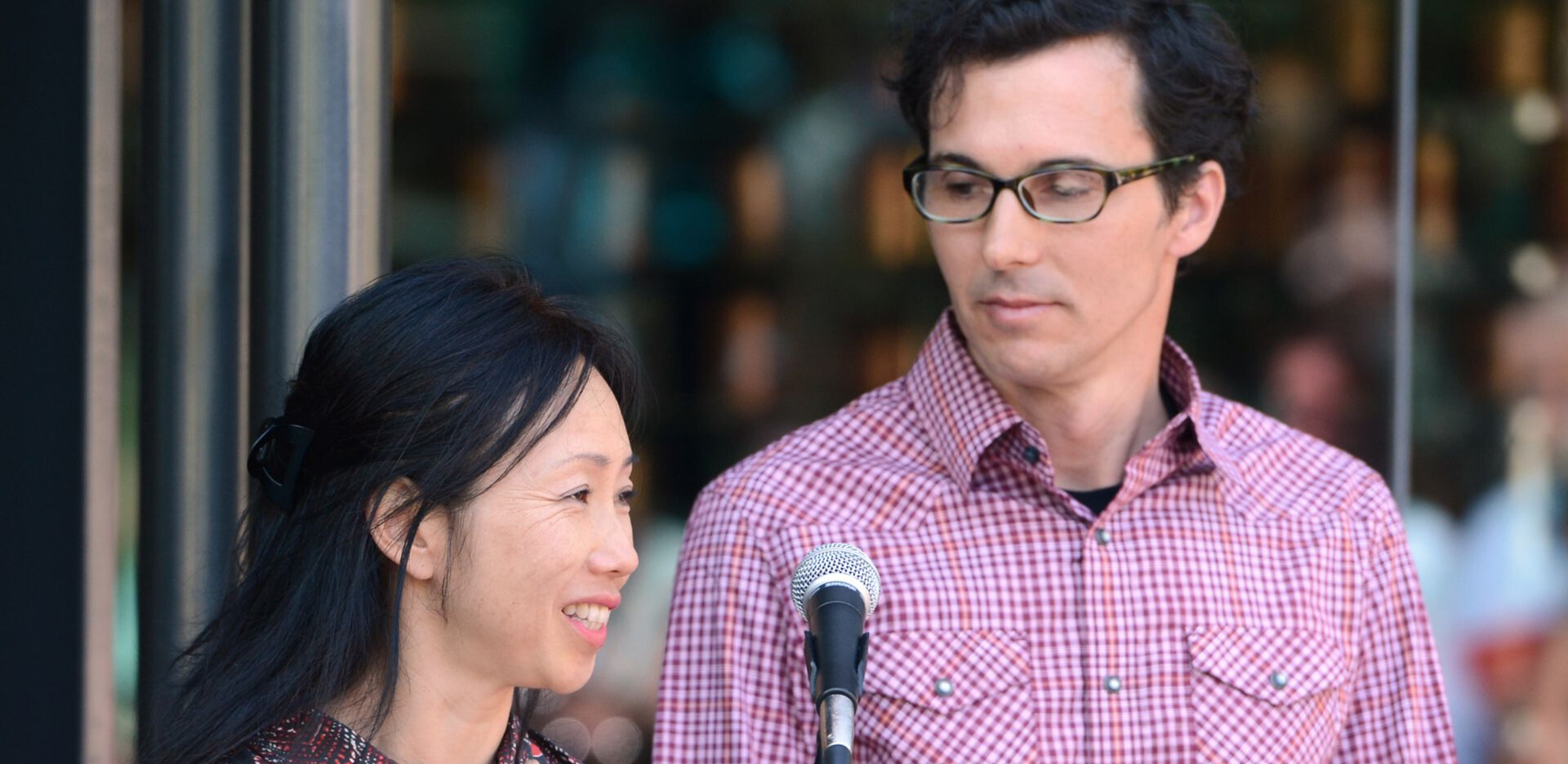 <h3>2014, Annie Han and Daniel Mihalyo collectively known as Lead Pencil Studio giving a speech at the opening of their project OSH Patient Memorial at the Oregon State Hospital, Salem</h3>