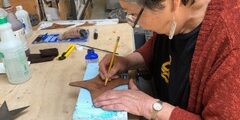 <h3>2018,  Lillian Pitt shown working on the fabrication of Spirit Guardians in collaboration with Juno Lachman and John Fritz for Oregon Military Department Ft Dalles Readiness Center</h3>