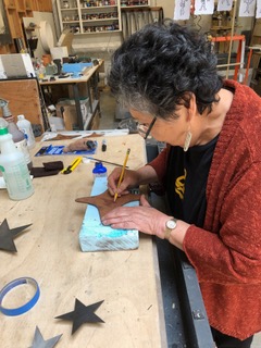 <h3>2018,  Lillian Pitt shown working on the fabrication of Spirit Guardians in collaboration with Juno Lachman and John Fritz for Oregon Military Department Ft Dalles Readiness Center</h3>
