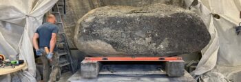 <h3>2024, Masayuki Nagase with the raw form stone for his work Breath at Eastern Oregon University Inlow Hall</h3>