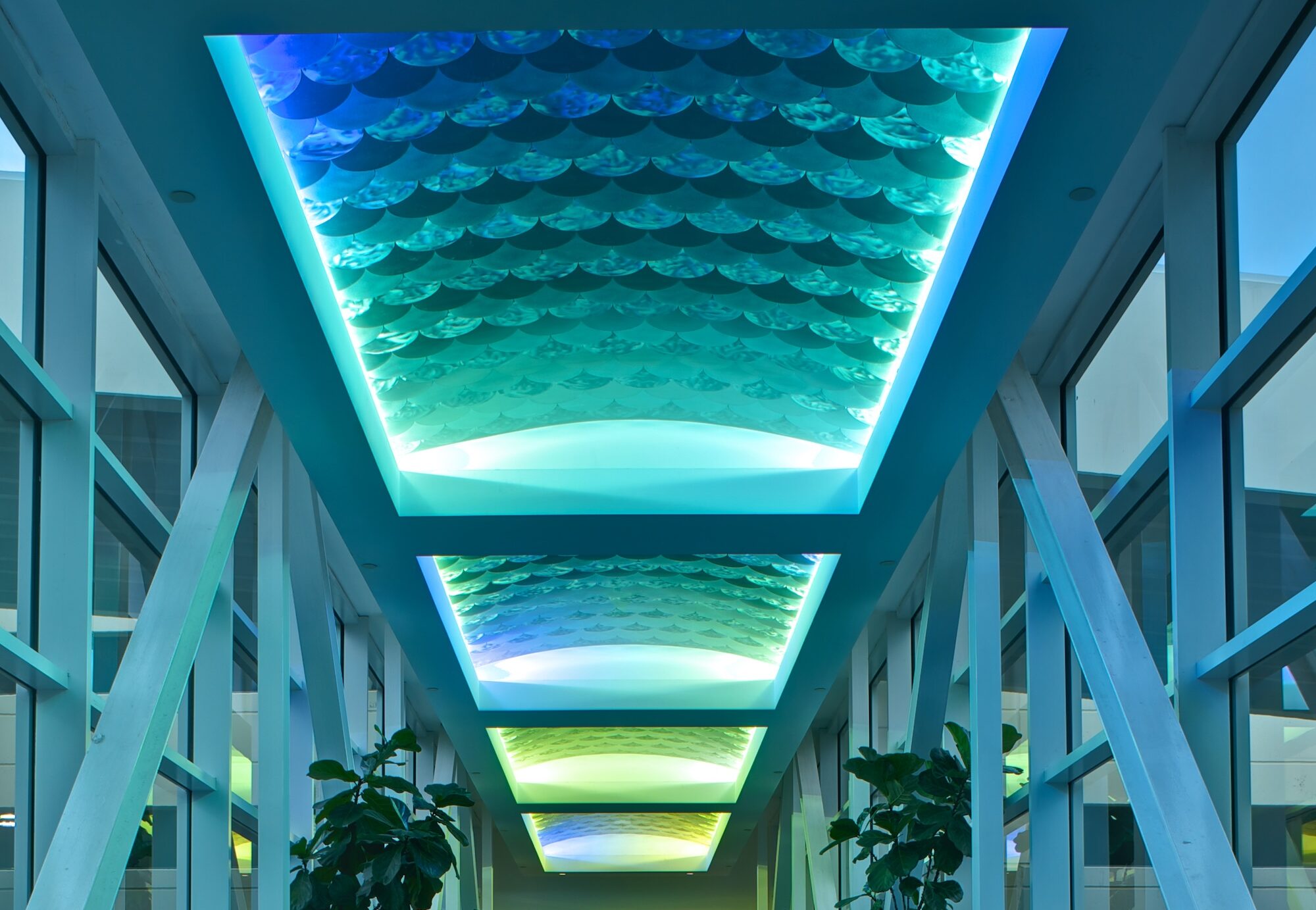 View of lightly lit corridor with turquoise and yellow lights on a textured ceiling