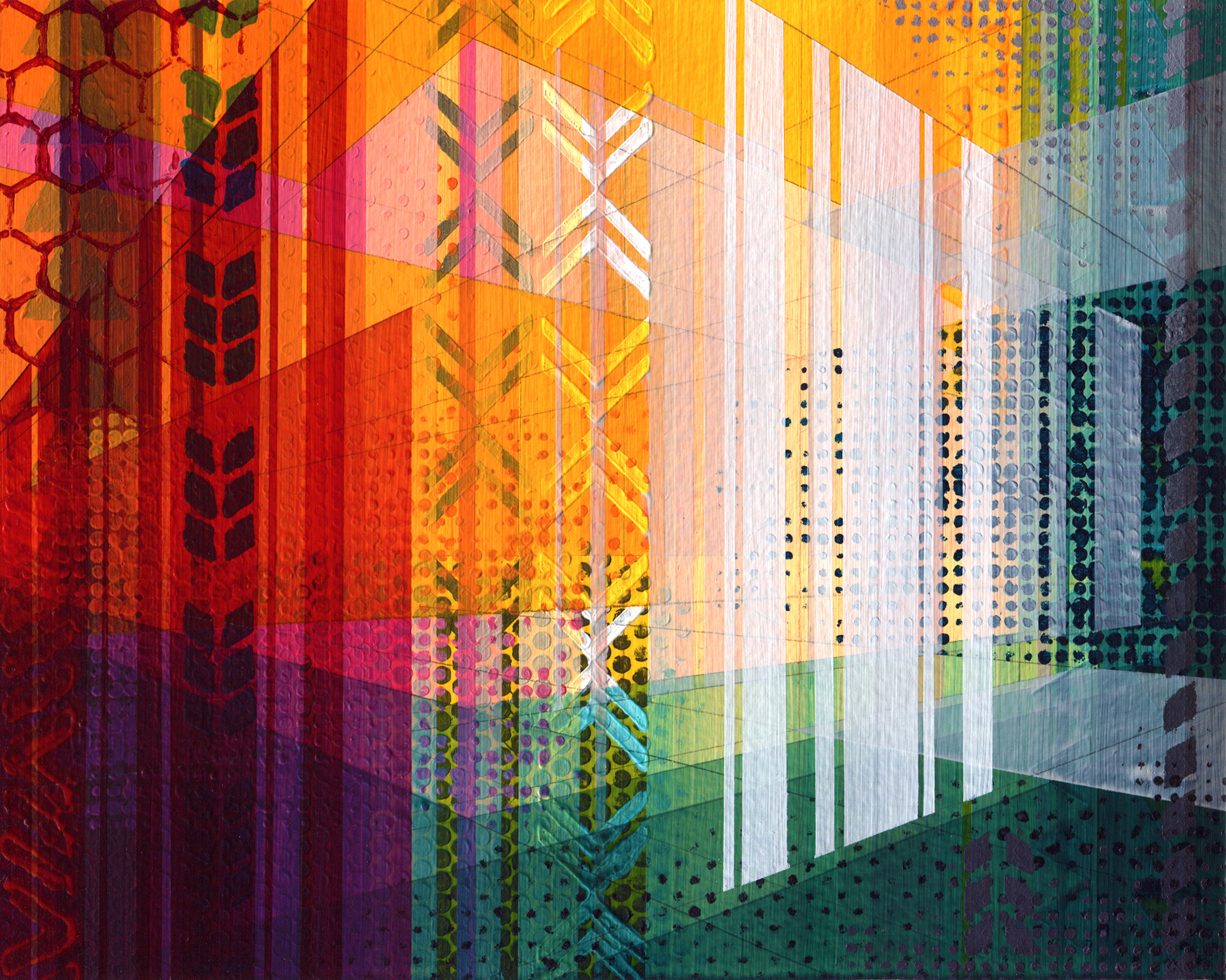 multicolored painted image that looks three dimensional with vertical lines and patterns