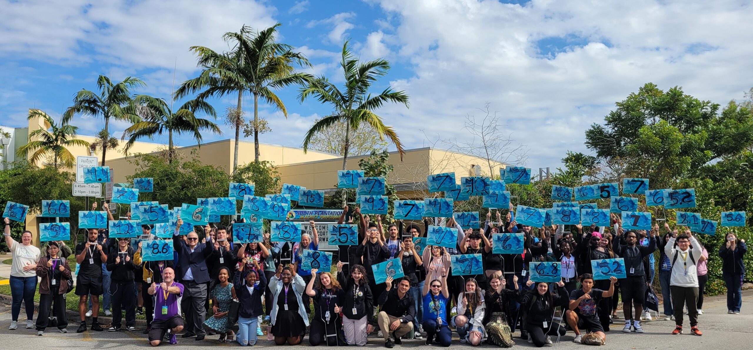 Students from South Plantation High display signs of how many feet their homes are above sea level. In 2024 alone, The Underwater: Broward initiative engaged an estimated 800 students across ten Broward middle schools and high schools.