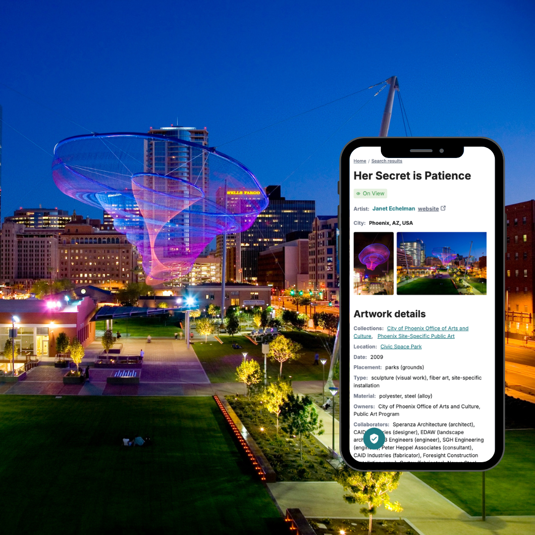 Photograph taken at night with suspended sculpture over greenspace with skyline in background. Overlaying image is an iphone with text reading Her Secret is Patience and photographs of the artwork are pictured within the phone.